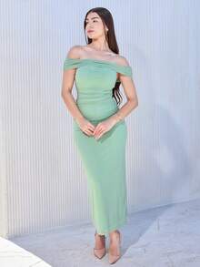 Andrea Bello Off Shoulder Solid Color Elegant Banquet Knitted Dress - Mint Green - View 1