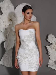 Bandage Dress With 3D Floral Sequin Accent, Sexy Bodycon Party Gown For European & American Style, White, Wedding Guest Dress, For Cocktail