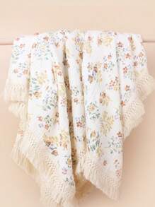 1pc Baby Cotton Printed Tasseled Swaddle Blanket, Stroller Cover