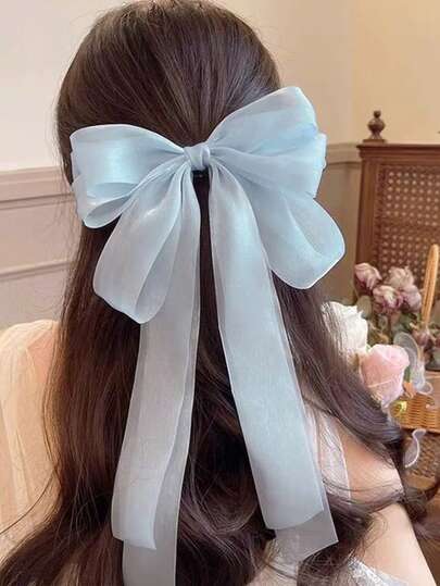 1 pieza Clip de resorte con lazo brillante de doble capa de malla azul, accesorio elegante y suave para pinzas de pelo, pinzas para el cabello, pasadores de pelo, accesorios para el cabello, accesorios para el cabello de mujer, horquilla