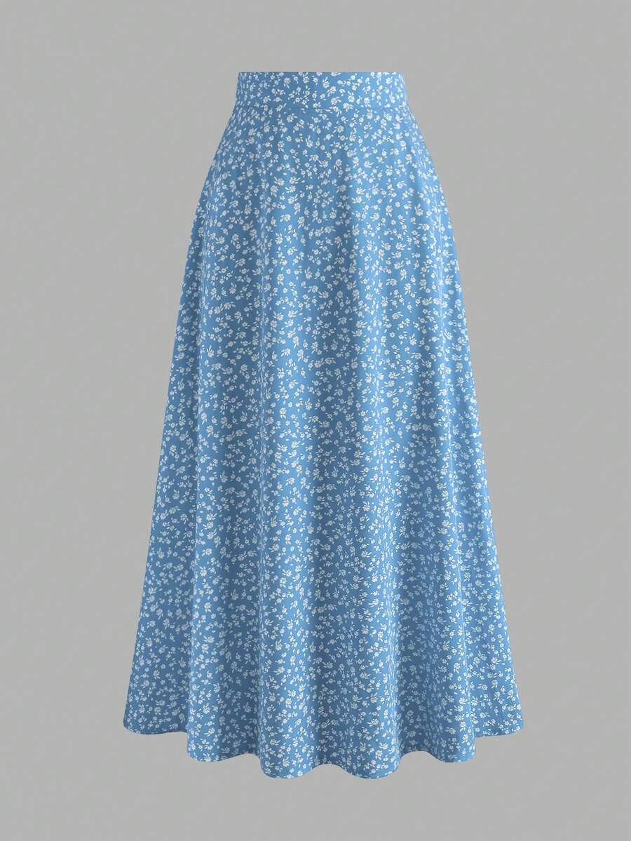 EARO 女士春夏碎花高腰A字半身裙，休闲户外度假款 - 淺藍 - 查看 1