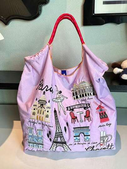 New Fashion Embroidered Shoulder Tote Bag, Unique Embroidered Shopping Handbag, Embroidered Tote Bag