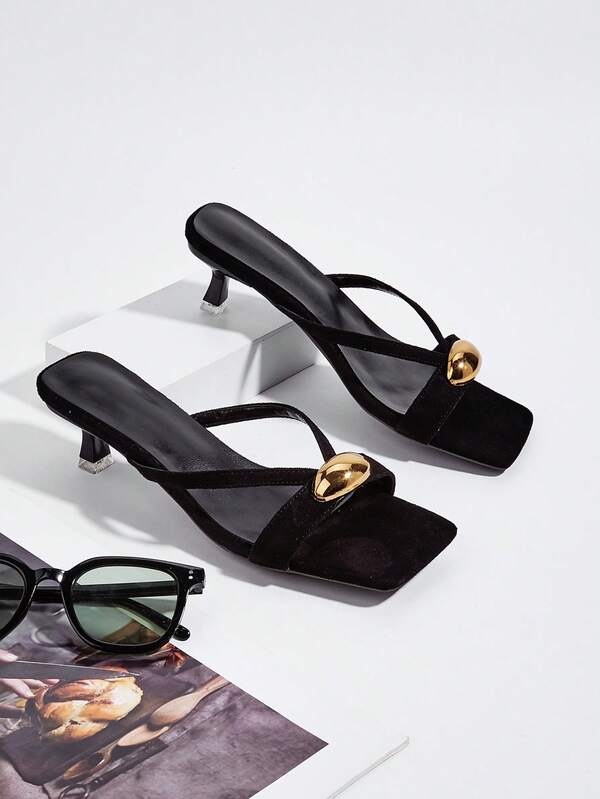 女士新款时尚优雅金属装饰露趾高跟方头人字拖凉鞋休闲穆勒拖鞋户外凉鞋