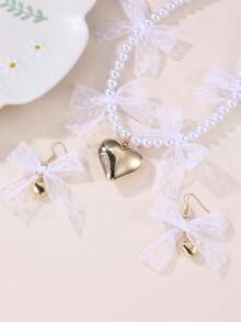 3pcs/Set Girls Lace Bow Heart Faux Pearl Beaded Necklace & Earrings Jewelry Set - Multicolor - View 3