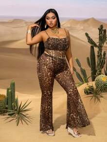 Plus Chic Leopard Print Cami Romper & Flared Pants Set – Summer Outfit For Street Style, Poolside Evenings & Stylish Urban Outings - Brown - View 4