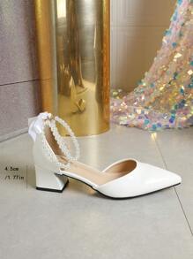 New Fashion Women's White High-Heel Shoes, Thick Heel, Minimalist Mule Sandals With Pearl Bowknot Pointy Toe, Mary Jane Mid-Heel Shoes For Summer