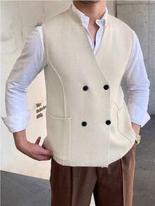 Men's Solid Color Patchwork Pocket Double-Breasted Knit Vest - Apricot - View 2