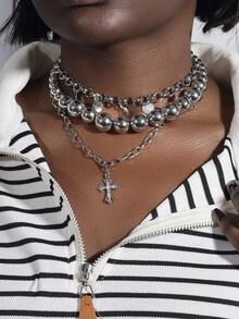 3pcs/Set Punk Style Chain & Bead Cross Pendant Necklace Set For Women, Daily Wear - Silver - View 1
