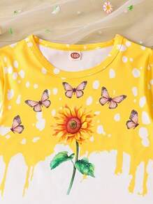 Conjunto informal de 2 piezas para niñas con blusa de manga corta con diseño de girasoles y mariposas y pantalones cortos con estampado de lunares para el verano