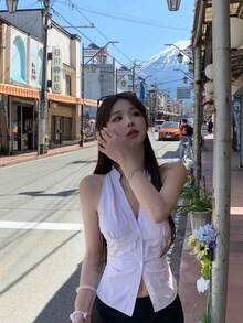 女式无袖领口露背衬衫，修身夏季上衣 - 淡紫色 - 查看 3