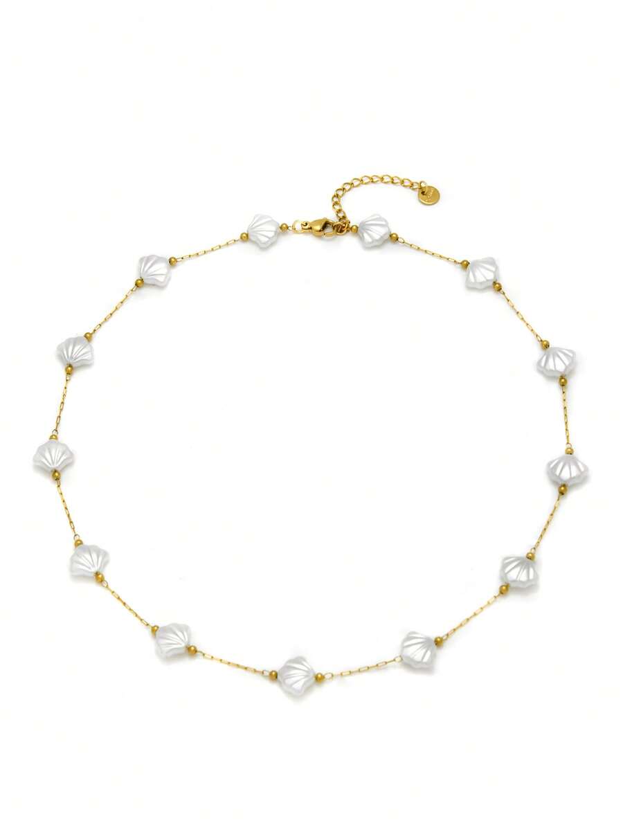1pc Elegant Minimalist 18K Gold Plated Stainless Steel Shell Pendant Necklace, Gift For Women Suitable For Daily Wear, Holiday, Birthday, Picnic - Gold+White - View 1