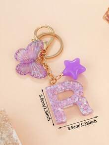 1 Pc Creative Key Chain With Letter Stone Resin Pendant, Butterfly Tassel Letter Keychain For Girl - Purple - View 12