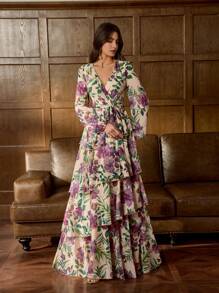 Elegant Romance Floral Chiffon Multi-Layered Evening Gown With V-Neckline & Waist Tie - Perfect For Galactic Gala Events, Black Tie Dinners, Outdoor Weddings, And Garden Parties, Formal, Party Dress, For Wedding Guest