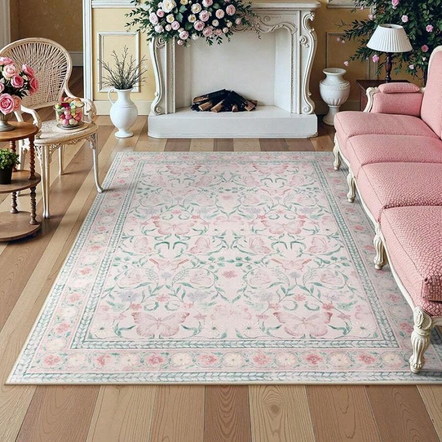 Butterfly Floral Pink Rug - Soft, Washable & Non - Slip, Ideal For ...