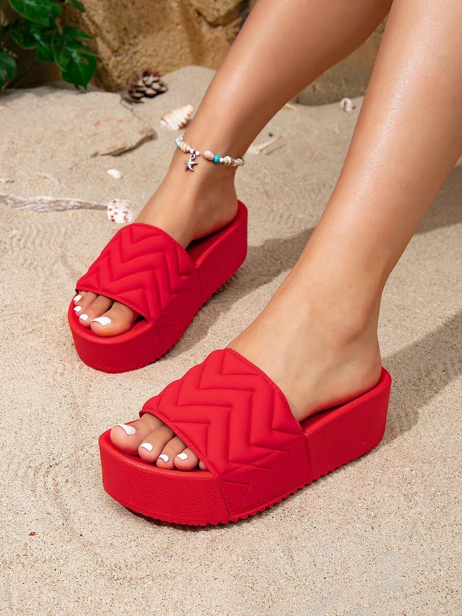 New Summer Women's Casual Fashion Thick-Soled Wedge Heel Red Wave Patterned Outdoor Beach Comfortable Sandals - Red - View 1