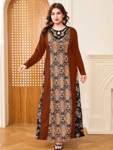 DEARCASE Plus Size Print Long Sleeve Maxi Dress, Fashionable Design Suitable For Summer, Modest Spring Vacation - Coffee Brown - View 4