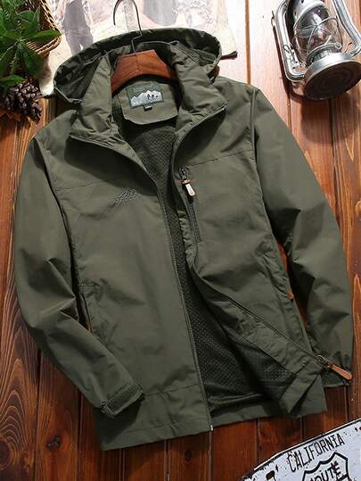 新款春季可拆卸连帽纯色时尚休闲夹克，多口袋户外旅行男士夹克