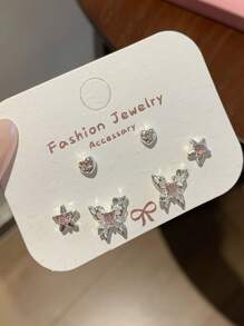 6pcs/Set Y2K Pink Heart Stud Earrings For Women Girls Bow Dangle Earring Set Sweet Crystal Bowknot Drop Earring Fashion Jewelry
