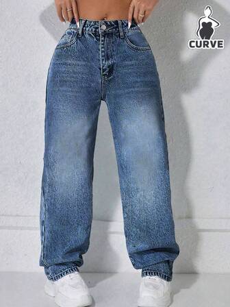 سراويل جينز عتيقة بسيطة مريحة وفضفاضة ذات ساق مستقيمة للنساء