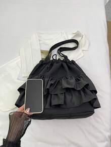 Large Capacity Canvas Tote Shoulder Bag, Versatile Fashion Casual Lace Decor Shoulder Bag - Black - View 5