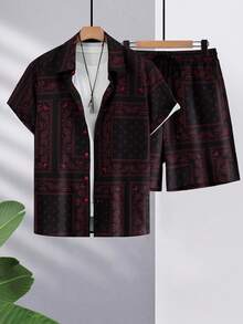 Men's Paisley Print Short Sleeve Shirt & Shorts Set With Single Breasted Button, Elastic Drawstring, Pockets - Red - View 2