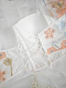 EZNV 1pc Embroidered Graphic Casual Fashion Versatile Puff Sleeve Sheer Elegant Form-Fitting Blouse Top - White - View 12