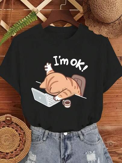 Camiseta holgada de mujer de cuello redondo, manga corta y casual con lindo estampado de gato "Trabajador" para uso diario