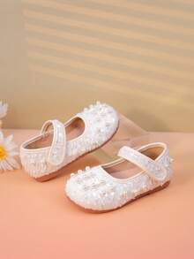 Spring/Summer New Kids Girls Shoes Hook & Loop Pearl Flats Round Toe Children Princess Shoes Fashion Solid Color Ballet Toddler Baby Middle Size Shoes - Beige - View 3