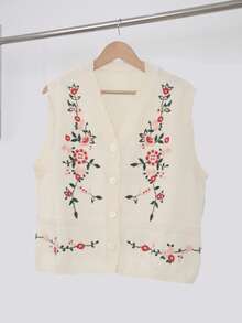 大码优雅刺绣针织背心开衫 - 米色 - 查看 2