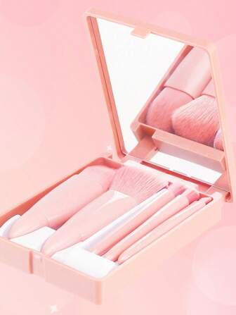Portable Travel Makeup Brush Set 5-Piece With Mirror - Ergonomic Handle/Soft Bristles, Summer Pink Cute Cosmetic Kit For Girls