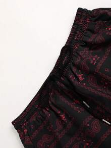 Men's Paisley Print Short Sleeve Shirt & Shorts Set With Single Breasted Button, Elastic Drawstring, Pockets - Red - View 5