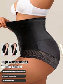 1pc Seamless High Waist Shaping Panties Plus Size Summer Women's Lace Tummy Control Panty Slimming Waist Trainer Sheath Flat Belly Underwear Butt Lifting Shapewear - Black - View 2