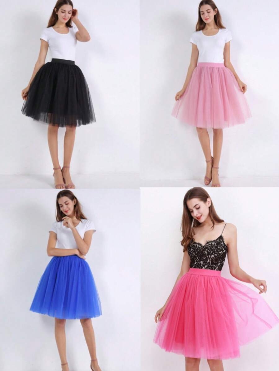 1 件女士纯色纯网眼覆盖褶皱 A 字中长飘逸薄纱裙，女士秋季服装 - 彩色 - 查看 1