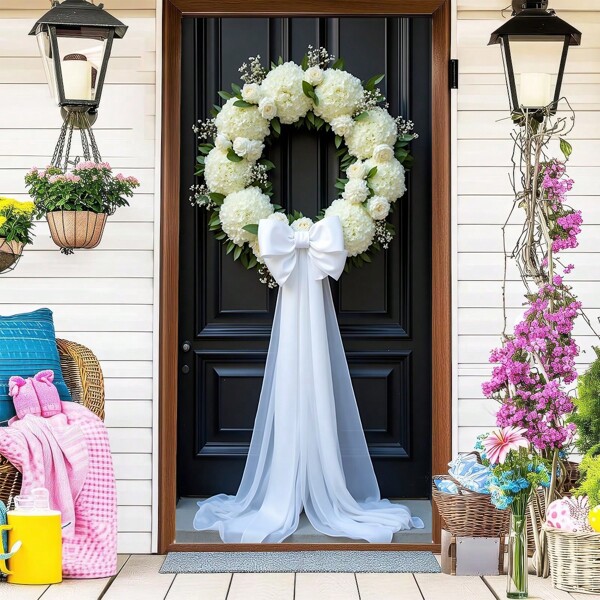 1 Stück 2D Türfahne, DRIHANCO Polyester Hochzeit Eingangsbereich Hintergrund Vorhang, multifunktional elegant mit weißem Blumenkranz und Quasten, für Innen- und Außenveranstaltungen, Partydekoration geeignet