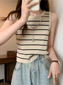 女士针织吊带背心上衣，时尚修身汗衫 - 杏色 - 查看 2