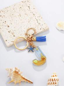 1pc A-Z English Letter Keychain, Resin Drop Glue Oceanic Elements Letter Pendant Keychain For Girls, Summer Starfish, Seashell Decor Random Color Children Bag Accessories