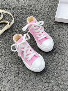 OPOEE White Canvas Shoes For Toddlers, Mid-Top Sneakers, Children's Casual Lace-Up Canvas Shoes, Korean Style, Boy & Girl, Spring/Autumn, Classic High-Top Canvas Sneakers, Versatile, Casual Sport & Skateboard Shoes For Kids