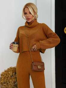 Mousse Tricot High Neck Pant Set - Mustard - View 1