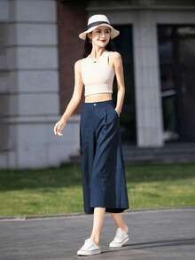 Plus Size Women Summer Pants, Casual Fabric Solid Color With Pockets, Loose Fit Wide Leg Capri Pants, Suitable For Daily Casual, Outdoor And Resort Wear, Minimalist Style