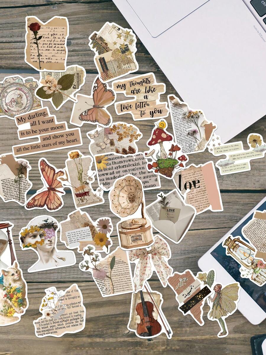 30 件艺术复古碎片文字贴纸包 DIY 簿记手册日记剪贴簿笔记本水杯防水装饰贴纸、学校用品、返校