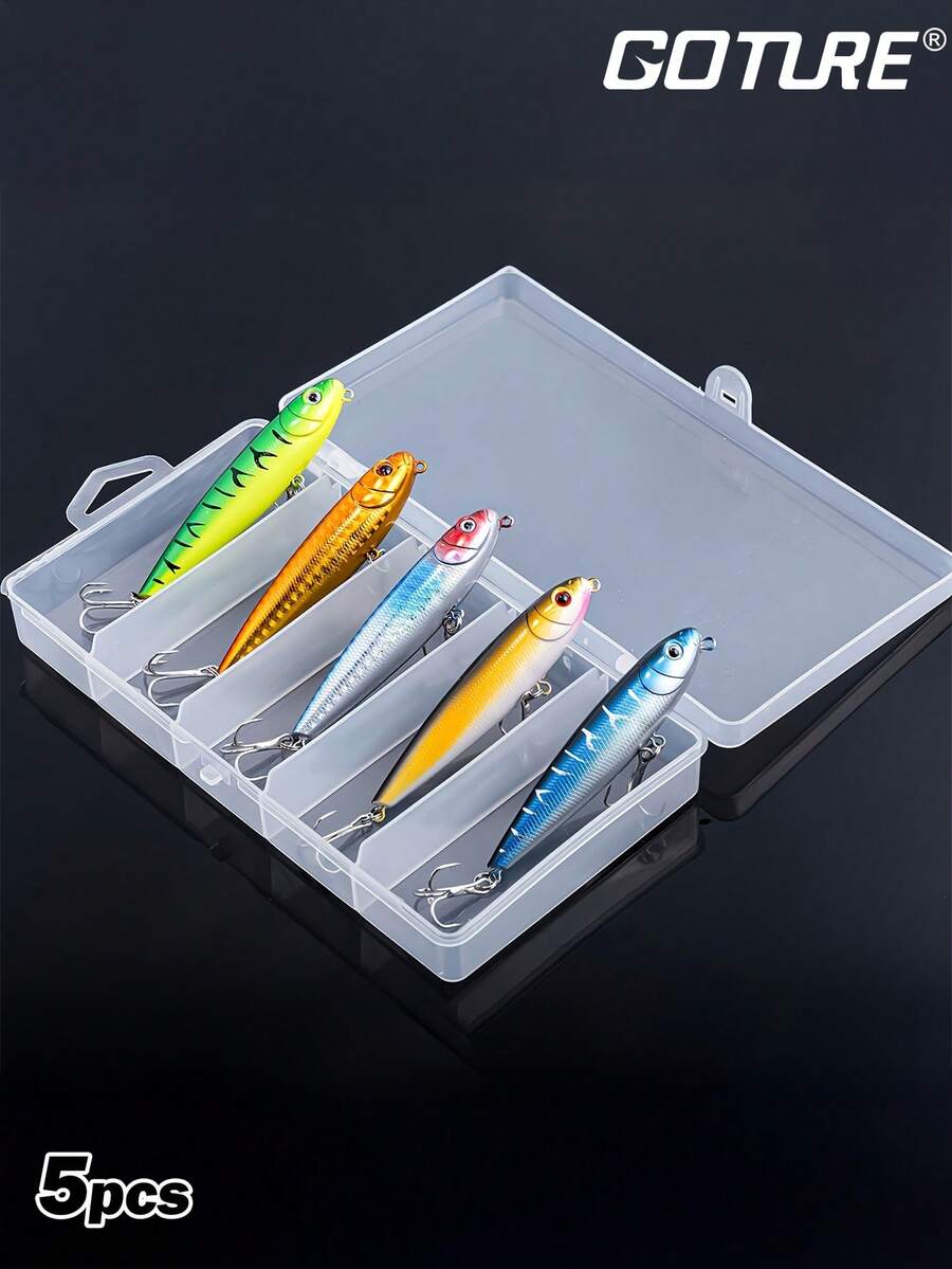 Goture 5pcs Pencil Sinking Fishing Lure, Topwater Popper Bait With 3D Eye And Treble Hooks For Saltwater Freshwater, Fishing Gifts For Men - Multicolor - View 1