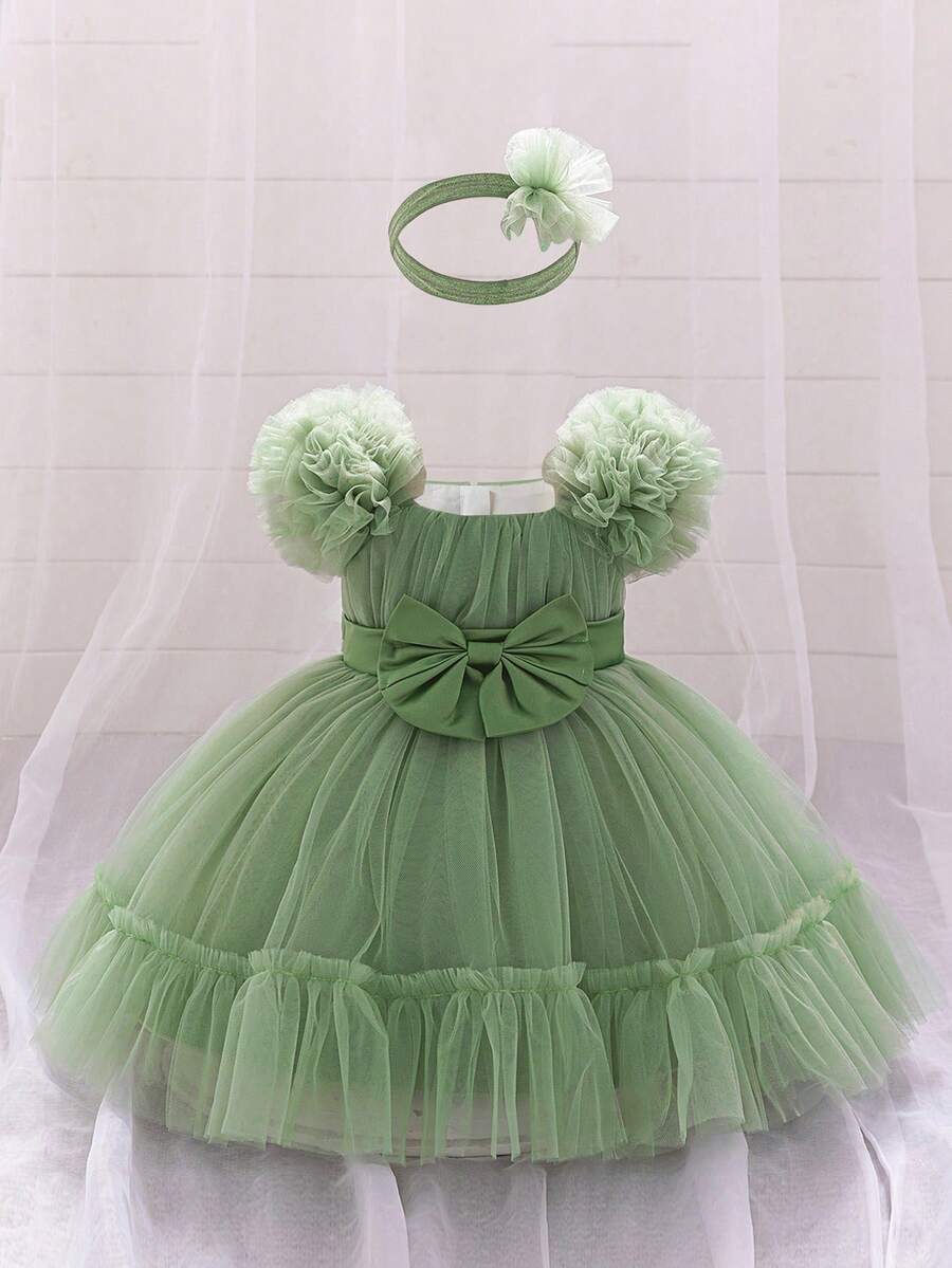 1件女婴荷叶边薄纱蝴蝶结可爱一周岁生日派对连衣裙，适合花童婚礼庆典，附赠发带 - 綠色 - 查看 1
