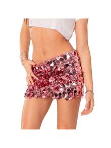 Sequin Skirt For Women Stretchy Bodycon Mini Skirts Sexy Sparkly Skirt Glitter Shiny Skirt Night Out Party - 粉色 - 查看 2