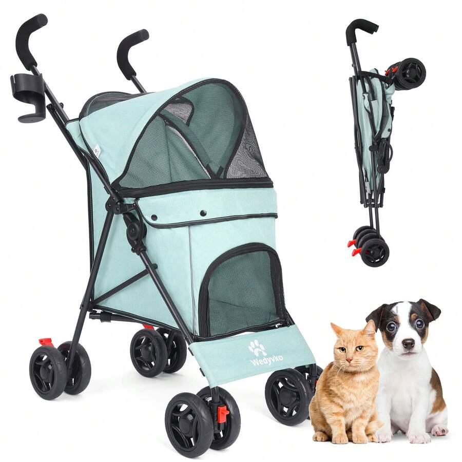 Wedyvko 4-Wheel Pet Stroller For Small/Medium Dogs & Cats, Lightweight Foldable Dog Carrier For Jogging/Travel/Mall, Breathable Mesh Puppy Stroller With Storage Basket & Cup Holder - 藍綠色 - 查看 1