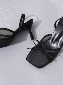 Nouveaux sandales à talons hauts d'été noires avec orteil carré, nœud papillon en maille, talons à bride arrière simples et polyvalents pour femmes - Noir - Voir 8