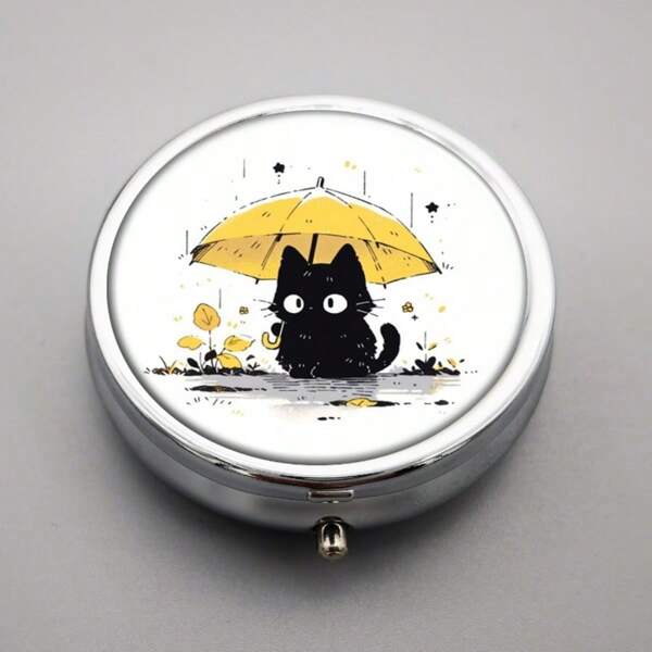 1pc Compact 3 Compartment Metal Mini Pill Box, Black Cat Design, Portable & Decorative Vitamin Outdoor Storage Container, Unique Personalized Gift For Pocket Or Wallet