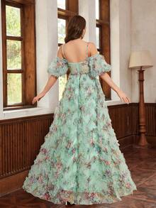 Kexmon 优雅露肩袖浪漫花卉网眼礼服飘逸舞会礼服非常适合正式场合和晚会舞会婚礼宾客礼服适合毕业晚宴、派对礼服 - 湖綠色 - 查看 2