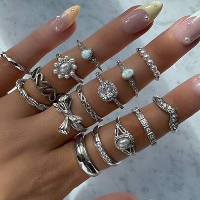 15pcs/Set European & American Ins Style Imitation Gemstone, Pearl Flower, Geometric Rhinestone, Bow Design Rings Set For Women