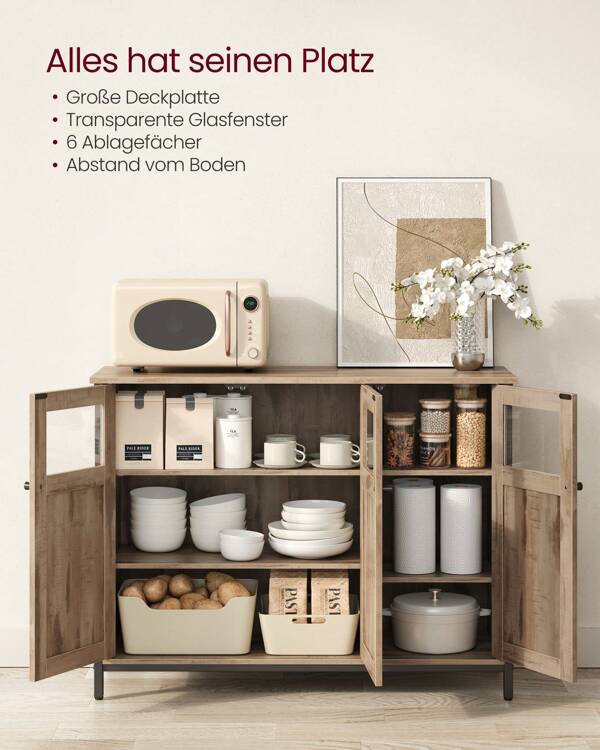 VASAGLE Sideboard Küchenschrank (Aufbewahrungsschrank, Stahlrahmen, Industrie, für Wohnzimmer, Küche, Esszimmer), 100 x 35 x 75 cm, verstellbaren Ablage, mit Glastüren, Kamelbraun-tintenschwarz