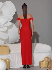 Modphy Nuevo vestido de tubo sólido y sexy con hombros descubiertos, confeccionado a mano con flores 3D, elegante para vacaciones, bodas, damas de honor, fiestas de cumpleaños, vestidos de noche formales, vestidos de fiesta, vestidos para invitados de boda - Rojo - Ver 9